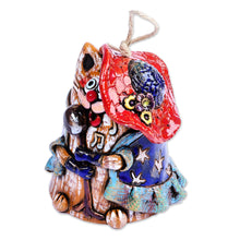 Load image into Gallery viewer, Hand-Painted Whimsical Feline Singer Ceramic Bell Ornament - Feline Soprano | NOVICA