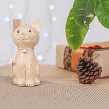 Load image into Gallery viewer, Hand-Carved Raintree Wood Cat Figurine with Aluminum Bell - Feline Melody | NOVICA