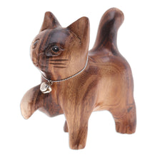 Load image into Gallery viewer, Hand-Carved Raintree Wood Happy Cat Figurine with Bell - Melodic Steps | NOVICA