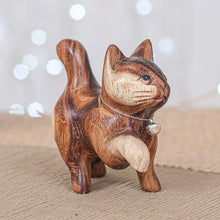 Load image into Gallery viewer, Hand-Carved Raintree Wood Happy Cat Figurine with Bell - Melodic Steps | NOVICA