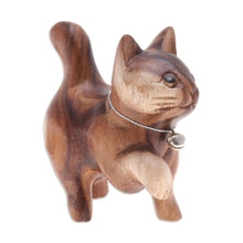 Load image into Gallery viewer, Hand-Carved Raintree Wood Happy Cat Figurine with Bell - Melodic Steps | NOVICA