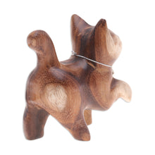Load image into Gallery viewer, Hand-Carved Raintree Wood Happy Cat Figurine with Bell - Melodic Steps | NOVICA