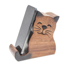 Load image into Gallery viewer, Cat-Themed Hand-Carved Raintree Wood Phone Holder - Feline Support | NOVICA