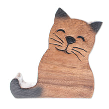 Load image into Gallery viewer, Cat-Themed Hand-Carved Raintree Wood Phone Holder - Feline Support | NOVICA