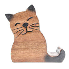 Load image into Gallery viewer, Cat-Themed Hand-Carved Raintree Wood Phone Holder - Feline Support | NOVICA