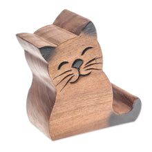Load image into Gallery viewer, Cat-Themed Hand-Carved Raintree Wood Phone Holder - Feline Support | NOVICA