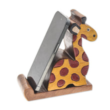 Load image into Gallery viewer, Giraffe-Themed Hand-Carved Raintree Wood Phone Holder - Safari Support | NOVICA