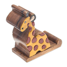Load image into Gallery viewer, Giraffe-Themed Hand-Carved Raintree Wood Phone Holder - Safari Support | NOVICA