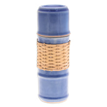 Load image into Gallery viewer, Blue Celadon Ceramic and Rattan Bamboo-Themed Water Bottle - Blue Bamboo | NOVICA