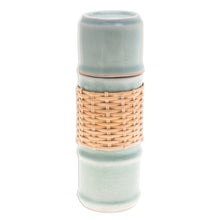Load image into Gallery viewer, Green Celadon Ceramic and Rattan Bamboo-Themed Water Bottle - Green Bamboo | NOVICA