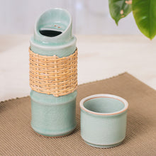 Load image into Gallery viewer, Green Celadon Ceramic and Rattan Bamboo-Themed Water Bottle - Green Bamboo | NOVICA