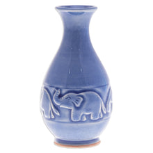 Load image into Gallery viewer, Celadon Ceramic Elephant Vase in Blue Handmade in Thailand - Joyful Elephants | NOVICA