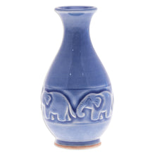 Load image into Gallery viewer, Celadon Ceramic Elephant Vase in Blue Handmade in Thailand - Joyful Elephants | NOVICA
