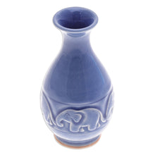 Load image into Gallery viewer, Celadon Ceramic Elephant Vase in Blue Handmade in Thailand - Joyful Elephants | NOVICA
