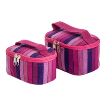 Load image into Gallery viewer, Set of 2 Magenta and Purple Striped Cotton Cosmetic Bags - Magenta Styles | NOVICA