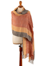 Load image into Gallery viewer, Hand-Woven Striped Orange and Yellow 100% Baby Alpaca Shawl - Deserts | NOVICA