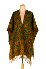 Load image into Gallery viewer, Yellow and Green Open Front Fringed Floral Ruana - Into the Green | NOVICA