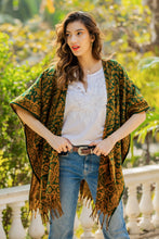 Load image into Gallery viewer, Yellow and Green Open Front Fringed Floral Ruana - Into the Green | NOVICA