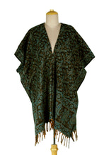 Load image into Gallery viewer, Paisley Floral Leaf-Themed Open Front Fringed Ruana - Midnight Paisley | NOVICA
