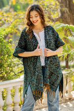 Load image into Gallery viewer, Paisley Floral Leaf-Themed Open Front Fringed Ruana - Midnight Paisley | NOVICA
