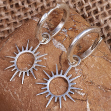 Load image into Gallery viewer, Sun-Themed Sterling Silver Hoop Dangle Earrings from Armenia - Summer Shine | NOVICA