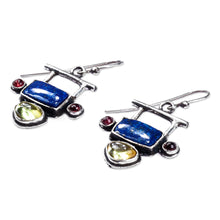 Load image into Gallery viewer, Lapis Lazuli Garnet and Synthetic Sapphire Dangle Earrings - Geometric Space | NOVICA