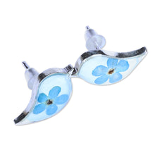 Load image into Gallery viewer, Bird-Shaped Natural Blue Flower Resin Button Earrings - Symphony of Memories | NOVICA