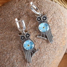 Load image into Gallery viewer, Owl-Themed Natural Flower Sterling Silver Dangle Earrings - Sage's Memories | NOVICA