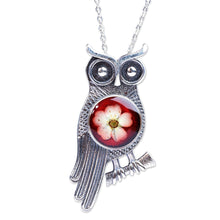Load image into Gallery viewer, Owl-Themed Red Flower Sterling Silver Pendant Necklace - Sage's Romance | NOVICA