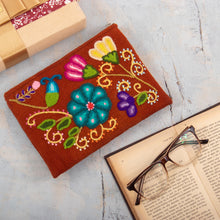 Load image into Gallery viewer, Floral Embroidered Wool Cosmetic Bag from Peru - Eden Cinnabar | NOVICA