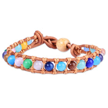 Load image into Gallery viewer, Multicolor Agate Beaded Bracelet with Brown Leather Accents - Summery Colors | NOVICA