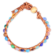 Load image into Gallery viewer, Multicolor Agate Beaded Bracelet with Brown Leather Accents - Summery Colors | NOVICA