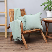 Load image into Gallery viewer, Handmade Cotton 3-Piece Throw and Cushion Cover Set in Green - Warm You in Olive | NOVICA