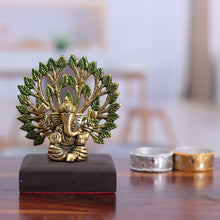 Load image into Gallery viewer, Antique Finished Leafy Ganesha Golden Aluminum Sculpture - Ganesha in Calmness | NOVICA