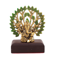 Load image into Gallery viewer, Antique Finished Leafy Ganesha Golden Aluminum Sculpture - Ganesha in Calmness | NOVICA