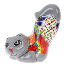 Load image into Gallery viewer, Handcrafted Hacienda-Themed Grey Ceramic Cat Figurine - Feline Stretching | NOVICA