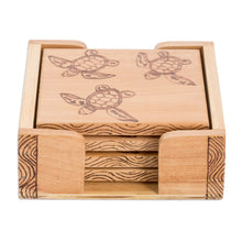Load image into Gallery viewer, Set of 4 Turtle-Themed Laurel Wood Coasters with Storage Box - Turtle's Drinks | NOVICA