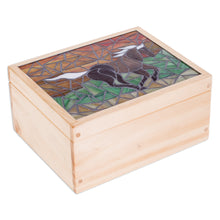 Load image into Gallery viewer, Handcrafted Horse Mosaic Pinewood Tea Box in White - Delightful Liberty | NOVICA
