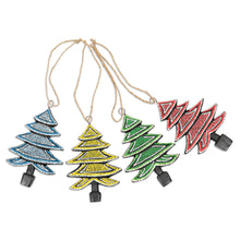 Load image into Gallery viewer, Set of 4 Handcrafted Colorful Albesia Wood Tree Ornaments - Island's Forest | NOVICA