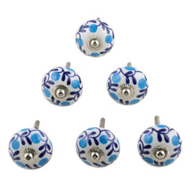 Load image into Gallery viewer, Set of 6 Handcrafted Blue and White Leafy Ceramic Knobs - The Forest Blue | NOVICA