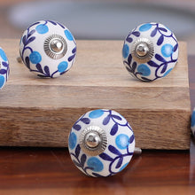 Load image into Gallery viewer, Set of 6 Handcrafted Blue and White Leafy Ceramic Knobs - The Forest Blue | NOVICA