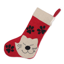 Load image into Gallery viewer, Handcrafted Cat-Themed Red and White Wool Felt Stocking - Feline Eve | NOVICA