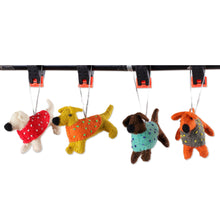 Load image into Gallery viewer, Set of 4 Handcrafted Dog-Shaped Wool Felt Ornaments - Festive Puppies | NOVICA