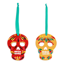 Load image into Gallery viewer, Pair of Hand-Painted Wood Day of the Dead Skull Ornaments - Mexican Tradition | NOVICA