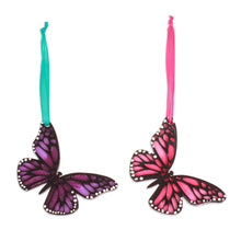 Load image into Gallery viewer, Pair of Hand-Painted Wood Butterfly Ornaments with Ribbons - Monarchs of Hope | NOVICA