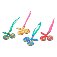 Load image into Gallery viewer, Colorful Set of 4 Hand-Painted Maracas Themed Wood Ornaments - Festive Maracas | NOVICA