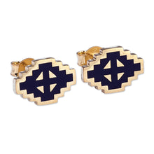 Load image into Gallery viewer, Hand-Painted Navy 18k Gold-Plated Vishap Stud Earrings - Vishap Magic | NOVICA