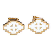 Load image into Gallery viewer, Hand-Painted White 18k Gold-Plated Vishap Stud Earrings - Vishap Paradise | NOVICA