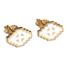 Load image into Gallery viewer, Hand-Painted White 18k Gold-Plated Vishap Stud Earrings - Vishap Paradise | NOVICA