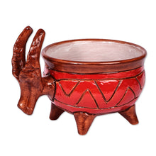 Load image into Gallery viewer, Painted Bull-Themed Red and Brown Ceramic Decorative Bowl - Fire Horns | NOVICA